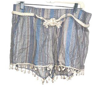 Rewash Womens XL Striped Boho Shorts With Braided Rope Belt & Tassel Trim